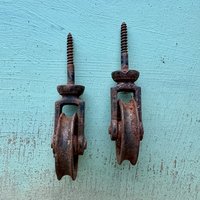 SOLD: Vintage Rusty Metal Wheels/Pulleys: Pair