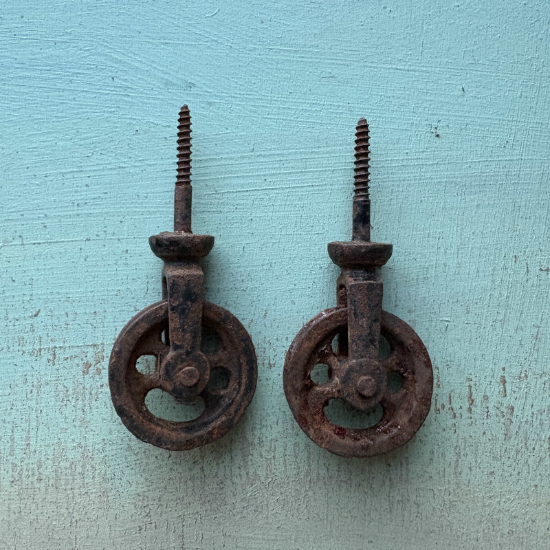 SOLD: Vintage Rusty Metal Wheels/Pulleys: Pair