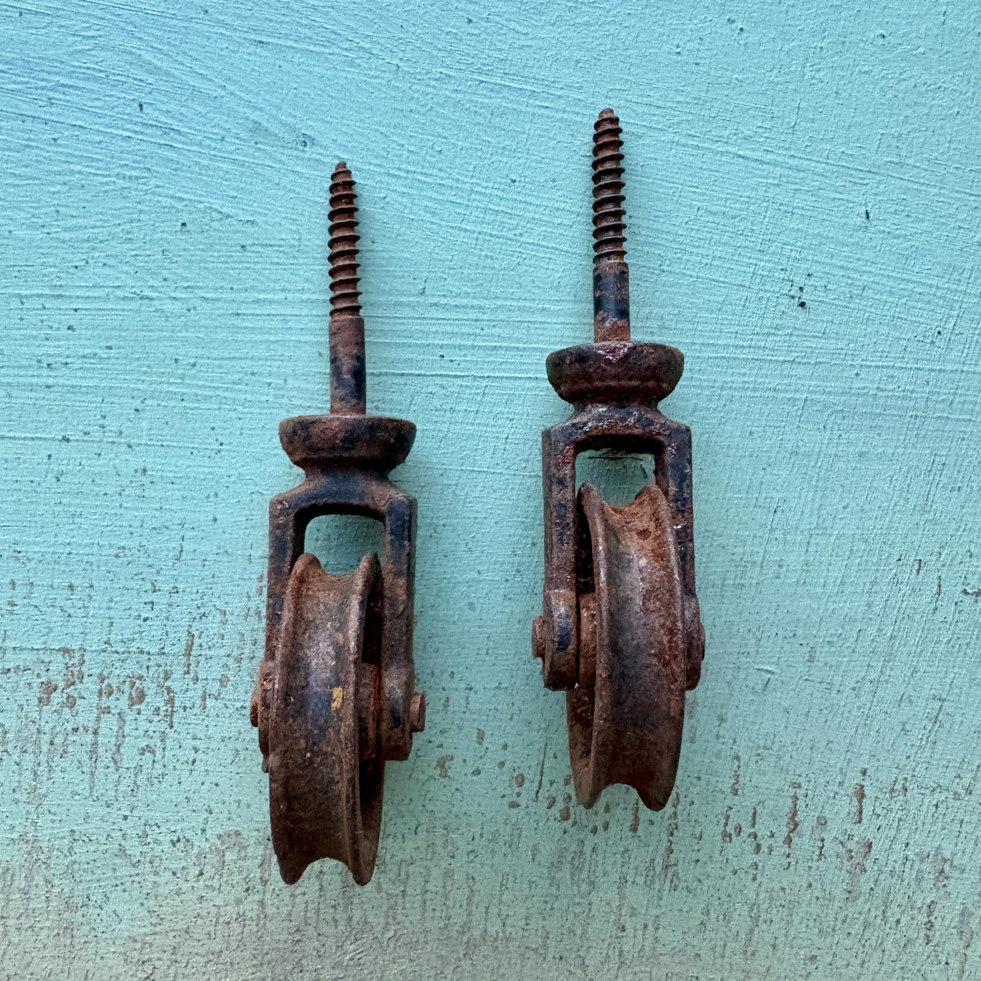 SOLD: Vintage Rusty Metal Wheels/Pulleys: Pair
