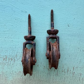 SOLD: Vintage Rusty Metal Wheels/Pulleys: Pair